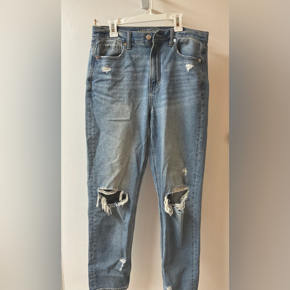 Ripped Mom Jeans, American Eagle Outfitters, size 8, Distressed faded blue.